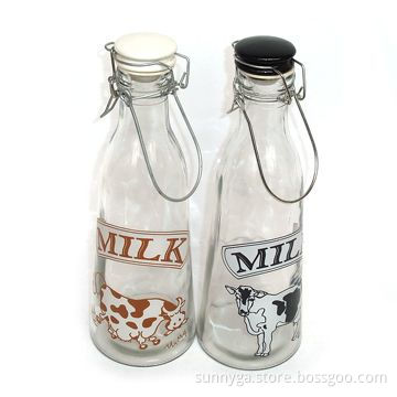 Milk Glass Bottles with Decal, Rubber Pad and White/Black Ceramic Lid